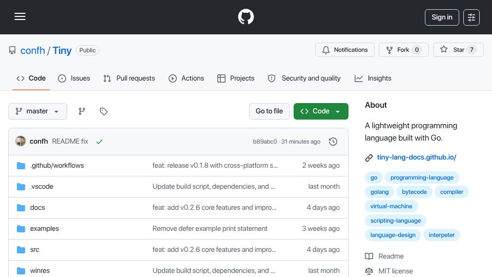 Screenshot of github.com: Show HN: Tiny – An interpeted dynamic langauge with inline Go native functions