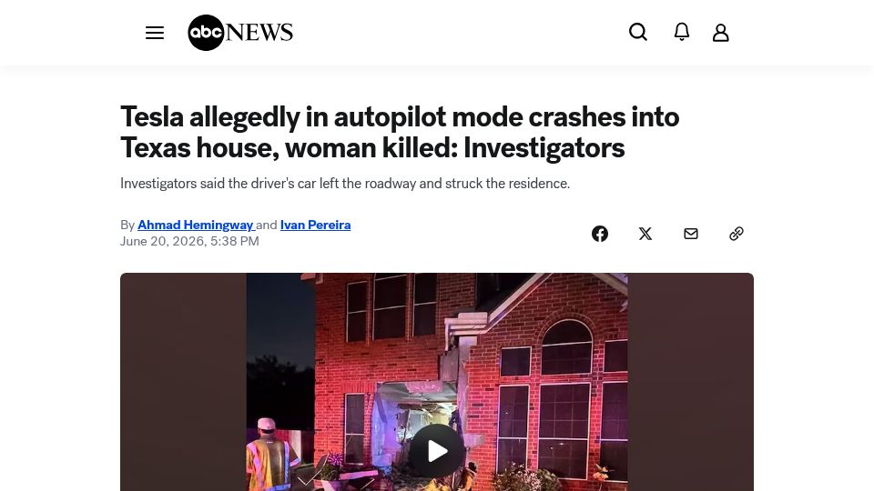 Screenshot of abcnews.com: Tesla allegedly in autopilot mode crashes into Texas house, woman killed