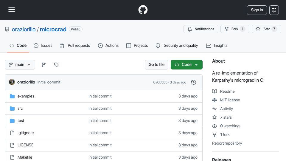 Screenshot of github.com: Show HN: Microcrad – Micrograd Reimplemented in C