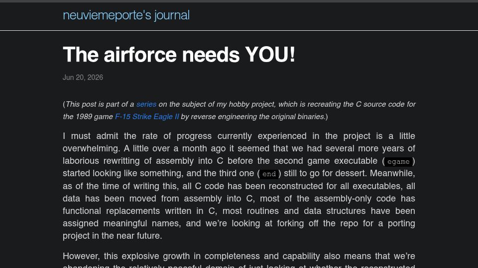Screenshot of neuviemeporte.github.io: DOS Game "F-15 Strike Eagle II" reversing project needs DOS test pilots