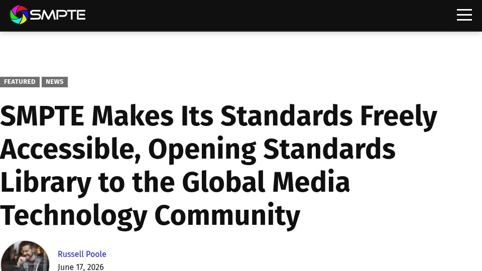 Screenshot of smpte.org: SMPTE Makes Its Standards Freely Accessible