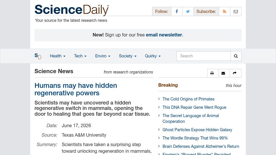 Screenshot of sciencedaily.com: The ability to regrow body parts is dormant in mammals, not lost