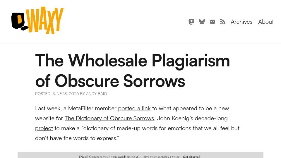Screenshot of waxy.org: The Wholesale Plagiarism of Obscure Sorrows