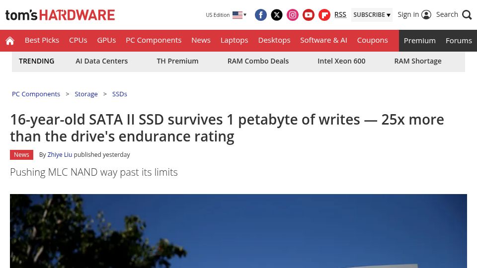 Screenshot of tomshardware.com: 16-year-old SATA II SSD survives 1 petabyte of writes, 25x the drive's rating