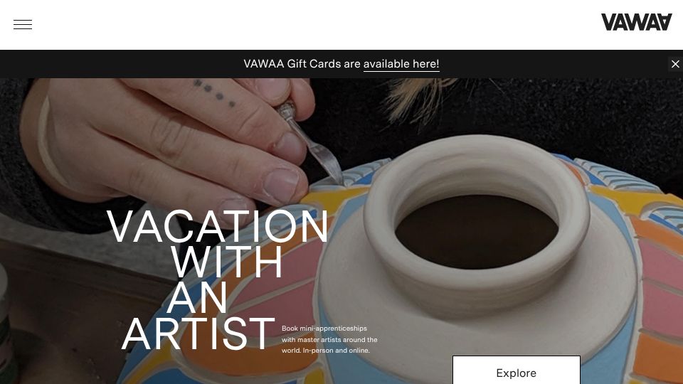 Screenshot of vawaa.com: Vacation With An Artist – Mini-Apprenticeships with Artists in Their Studios