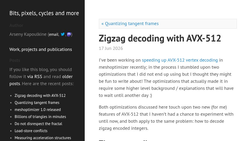 Screenshot of zeux.io: Zigzag Decoding with AVX-512