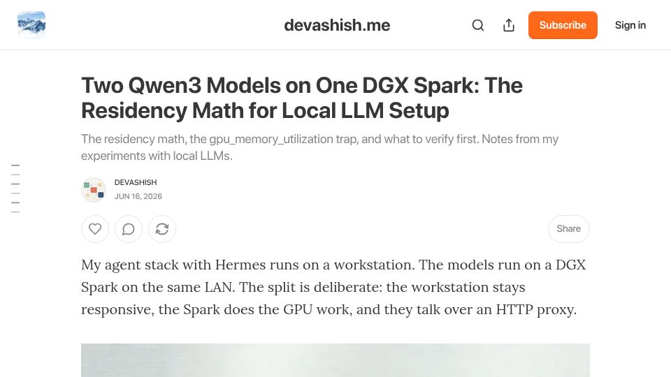 Screenshot of devashish.me: Two Qwen3 models on one DGX Spark: the residency math