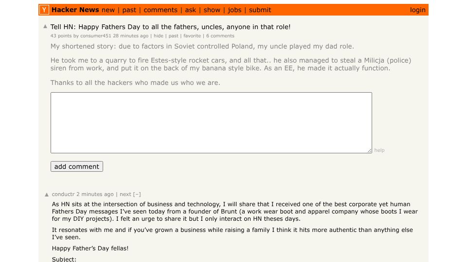 Screenshot of Hacker News post: Tell HN: Happy Fathers Day