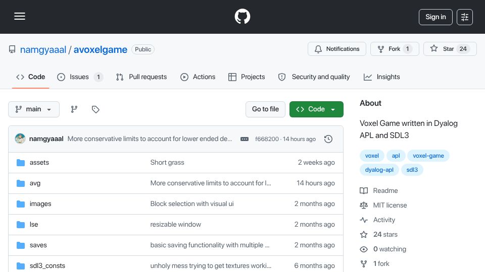 Screenshot of github.com: A 3D voxel game engine written in APL