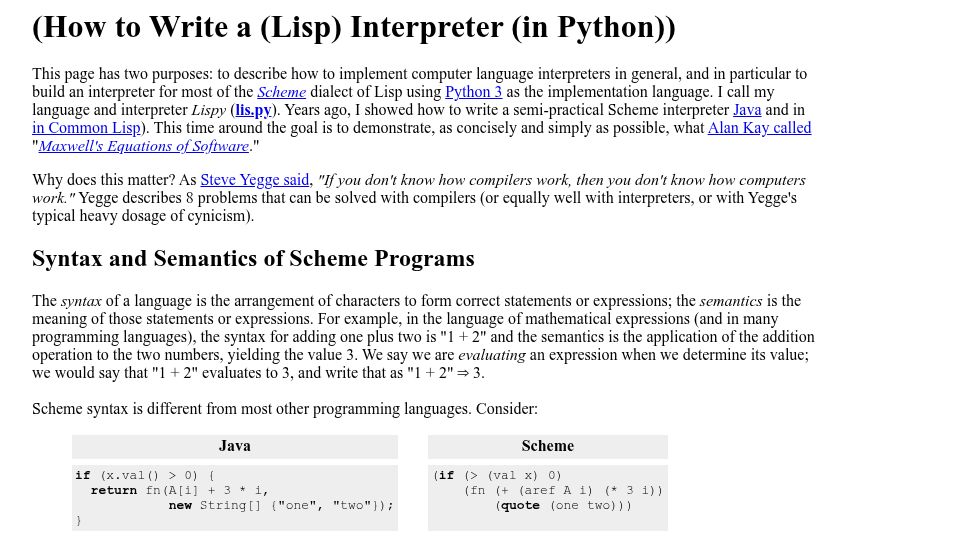 Screenshot of norvig.com: (How to Write a (Lisp) Interpreter (In Python)) (2010)
