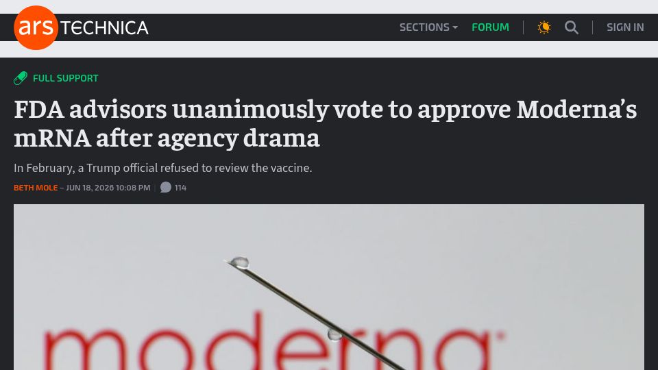 Screenshot of arstechnica.com: FDA advisors unanimously vote to approve Moderna's mRNA after agency drama