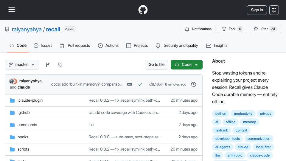 Screenshot of github.com: Show HN: Recall – Local project memory for Claude Code