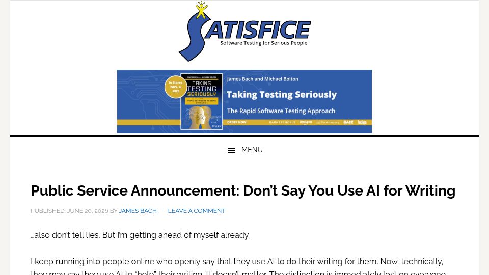 Screenshot of satisfice.com: Public Service Announcement: Don't Say You Use AI for Writing