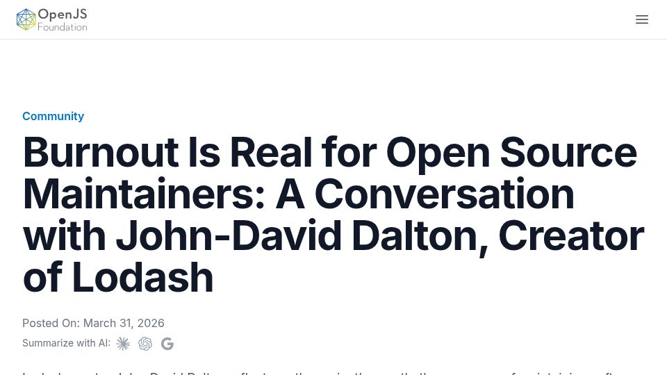 Screenshot of openjsf.org: Burnout is real for open source maintainers