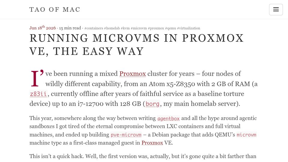 Screenshot of taoofmac.com: Running MicroVMs in Proxmox VE, the Easy Way