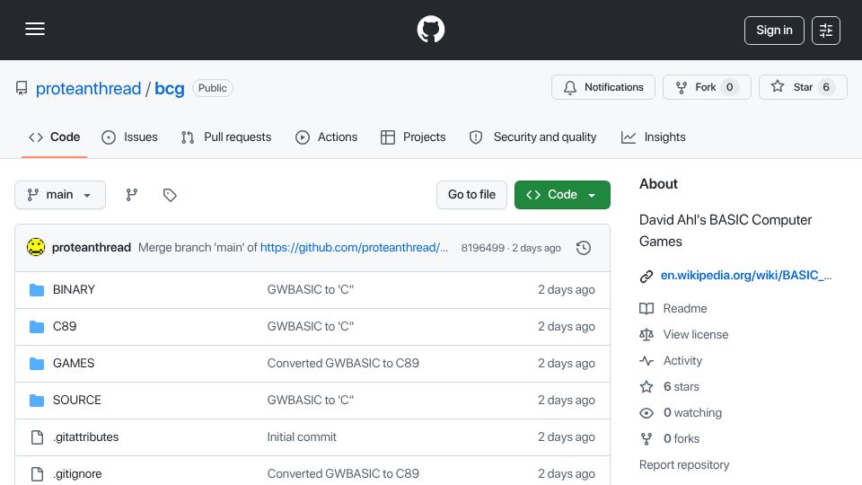 Screenshot of github.com: David Ahl's Basic Computer Games Ported to C