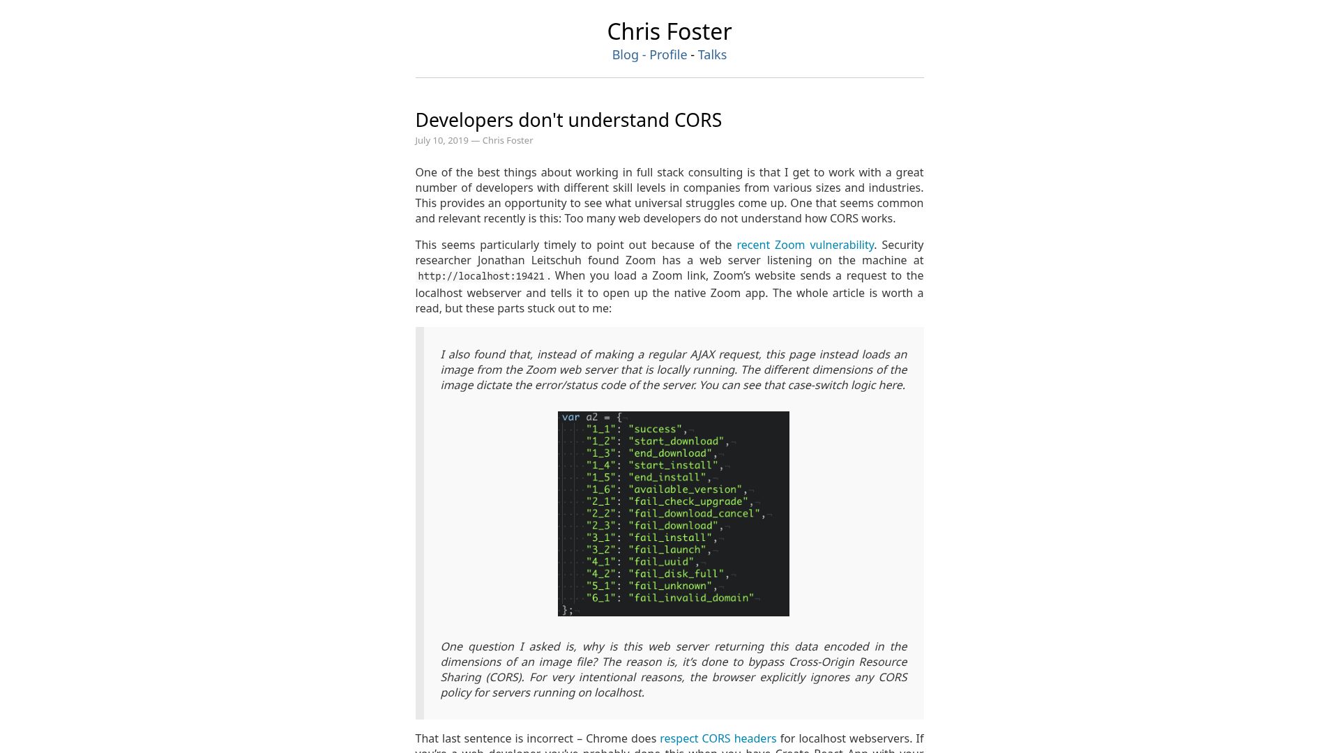 Screenshot of fosterelli.co: Developers don't understand CORS (2019)