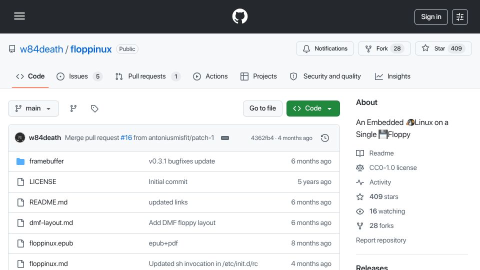 Screenshot of github.com: An Embedded Linux on a Single Floppy