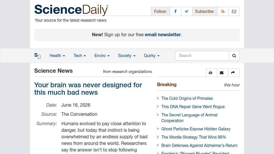 Screenshot of sciencedaily.com: The brain was not designed for this much bad news