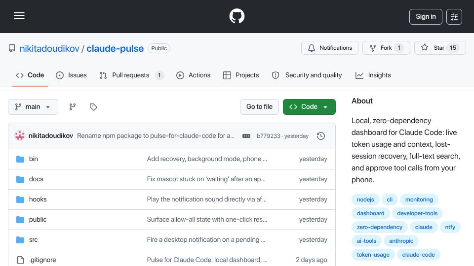 Screenshot of github.com: Show HN: Pulse – Dashboard for Claude Code, approve tool calls from your phone