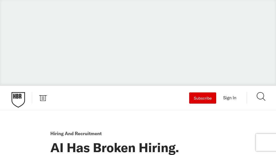 Screenshot of hbr.org: The early hiring funnel is now breaking on both ends