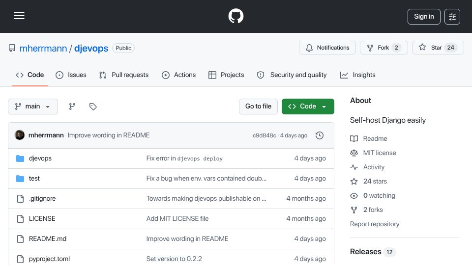 Screenshot of github.com: Djevops: Self-Host Django Easily