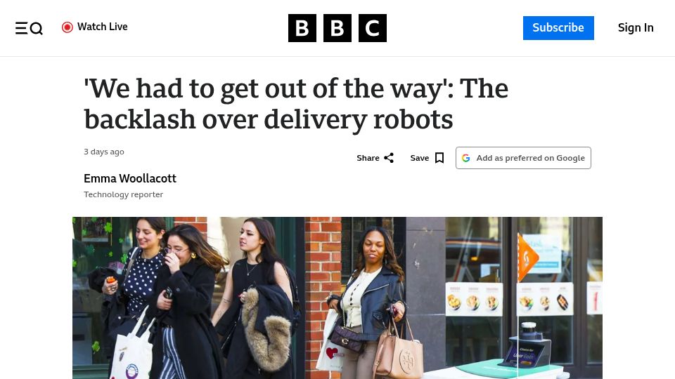 Screenshot of bbc.com: 'We had to get out of the way': The backlash over delivery robots