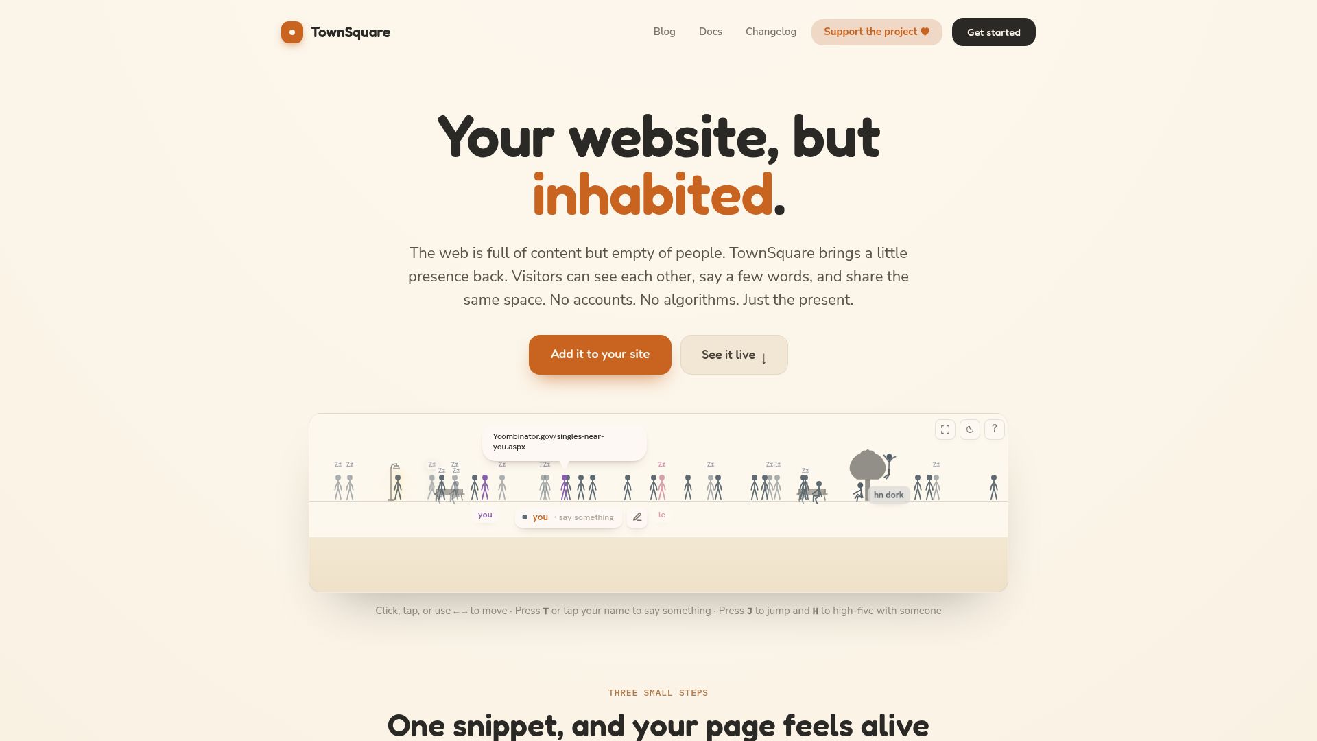 Screenshot of townsquare.cauenapier.com: Show HN: TownSquare, a tiny presence layer for websites