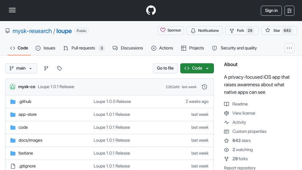 Screenshot of github.com: Loupe – A iOS app that raises awareness about what native apps can see