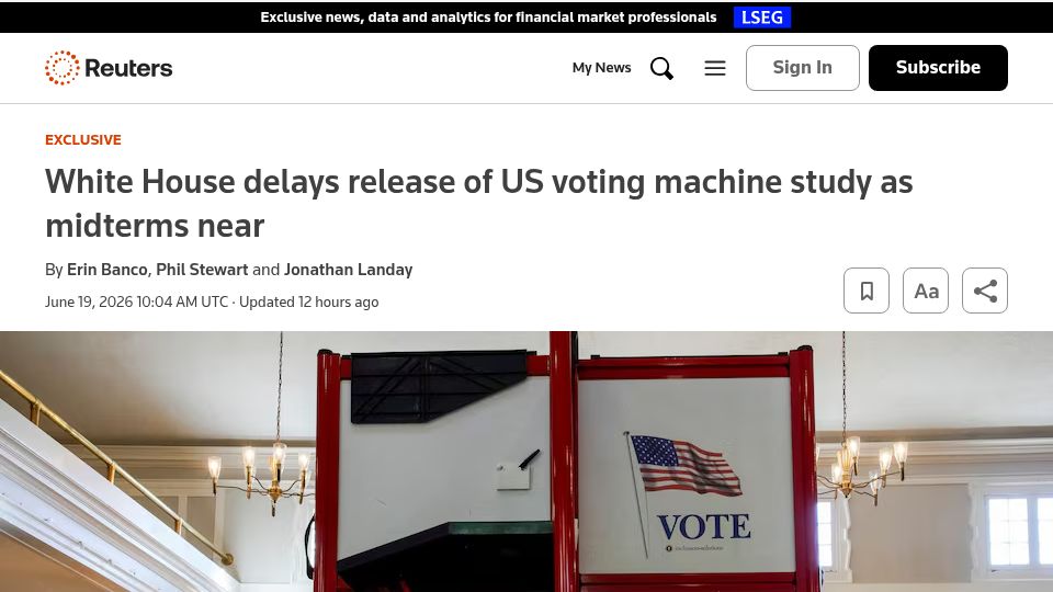 Screenshot of reuters.com: White House delays US voting-machine vulnerability report