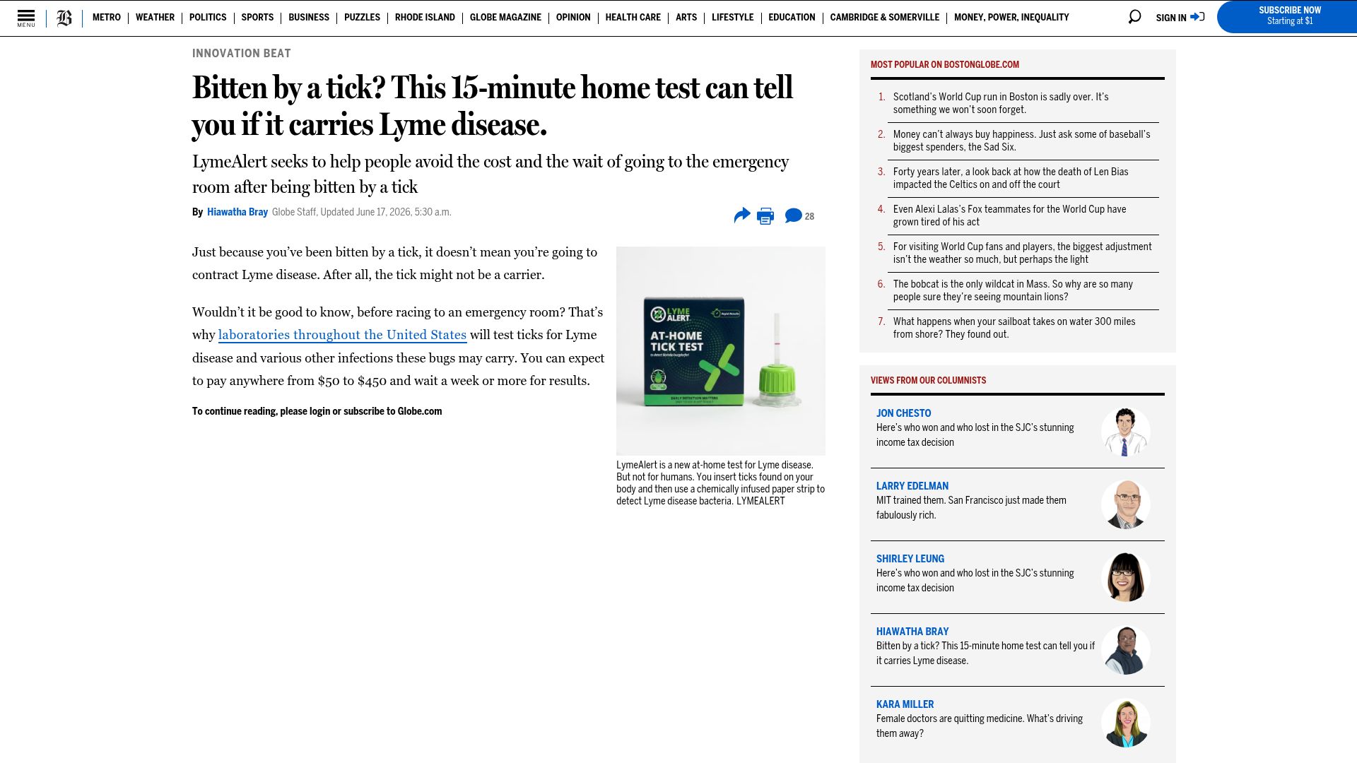 Screenshot of bostonglobe.com: 15-minute at-home Lyme disease tick test