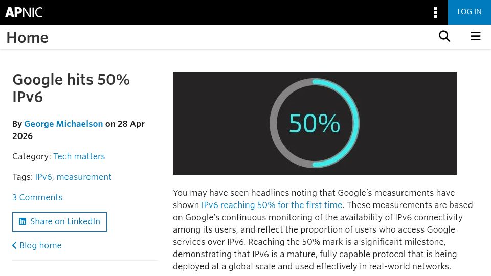 Screenshot of blog.apnic.net: Google Hits 50% IPv6