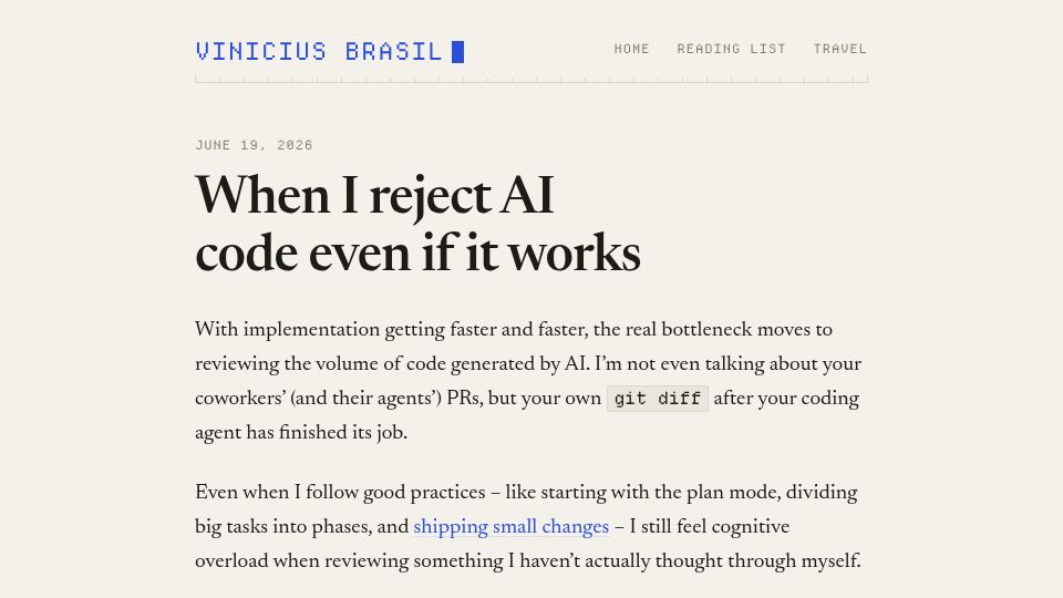 Screenshot of vinibrasil.com: When I reject AI code even if it works