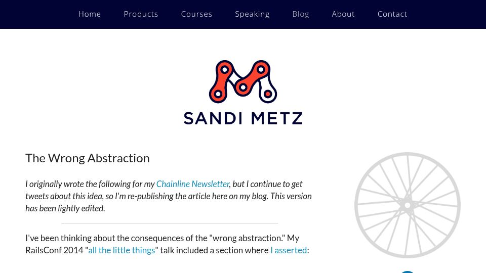 Screenshot of sandimetz.com: Prefer duplication over the wrong abstraction (2016)