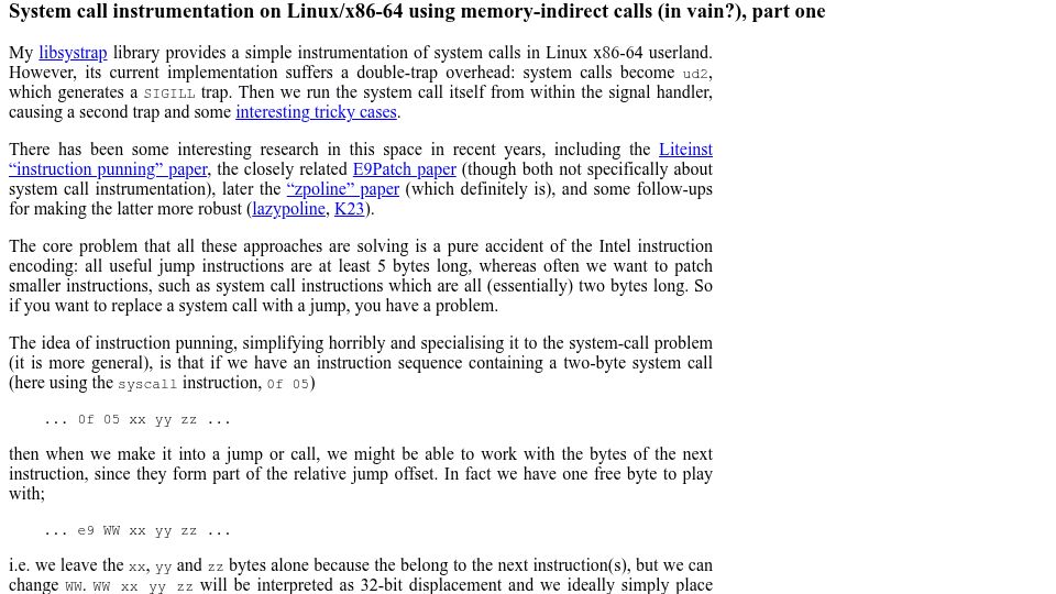 Screenshot of humprog.org: System call instrumentation on Linux/x86‑64 using memory‑indirect calls, part I