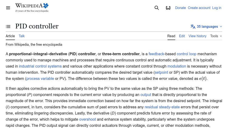 Screenshot of en.wikipedia.org: Proportional-Integral-Derivative (PID) controllers