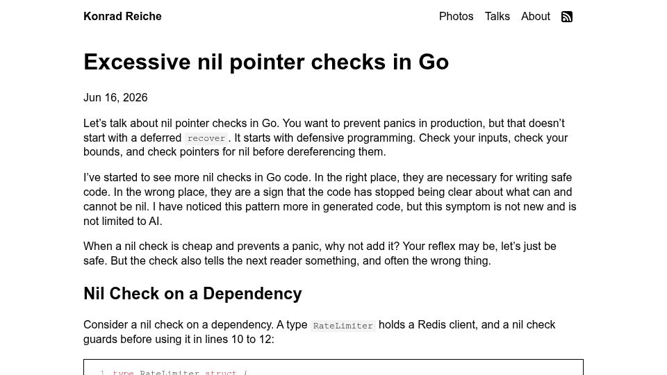 Screenshot of konradreiche.com: Excessive nil pointer checks in Go