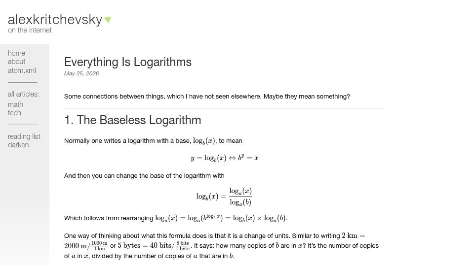 Screenshot of alexkritchevsky.com: Everything is logarithms