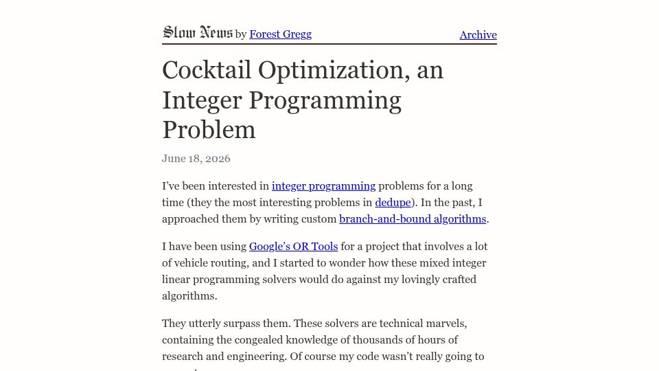 Screenshot of bunkum.us: Cocktail Optimization, an Integer Programming Problem