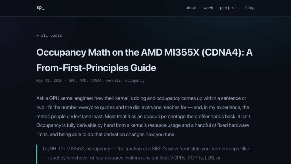 Screenshot of indianspeedster.github.io: Occupancy Math on the AMD MI355X: A From-First-Principles Guide