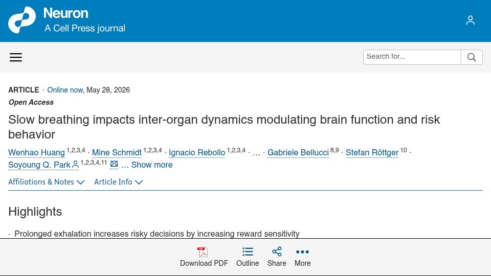 Screenshot of cell.com: Slow breathing modulates brain function and risk behavior