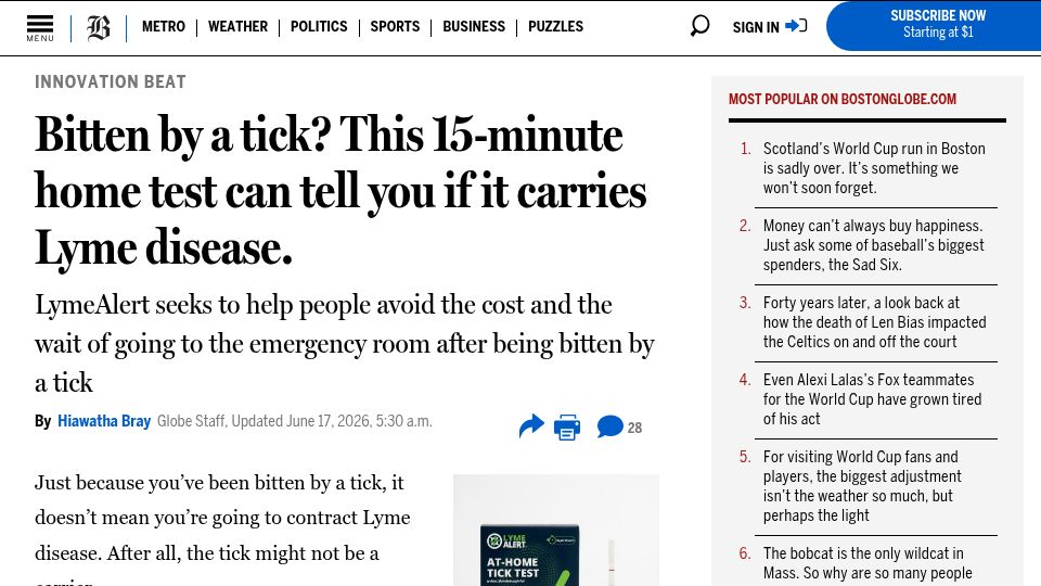 Screenshot of bostonglobe.com: 15-minute at-home Lyme disease tick test