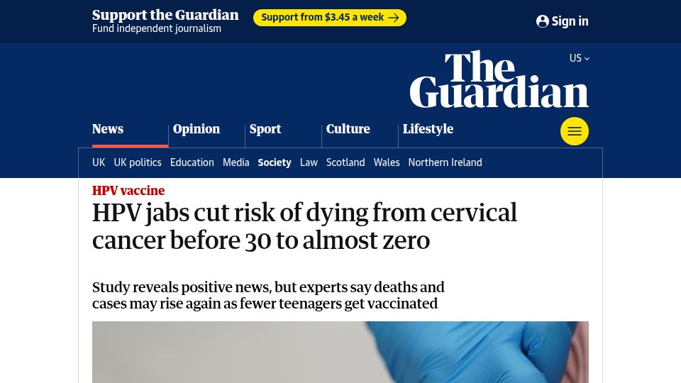 Screenshot of theguardian.com: HPV jabs cut risk of dying from cervical cancer before 30 to almost zero