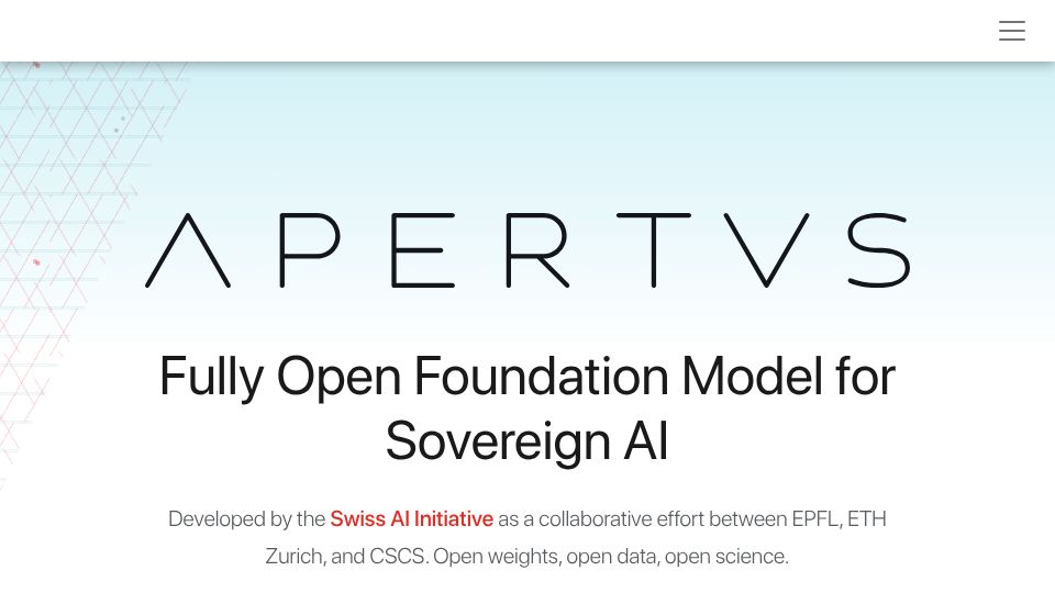Screenshot of apertvs.ai: Apertus – Open Foundation Model for Sovereign AI