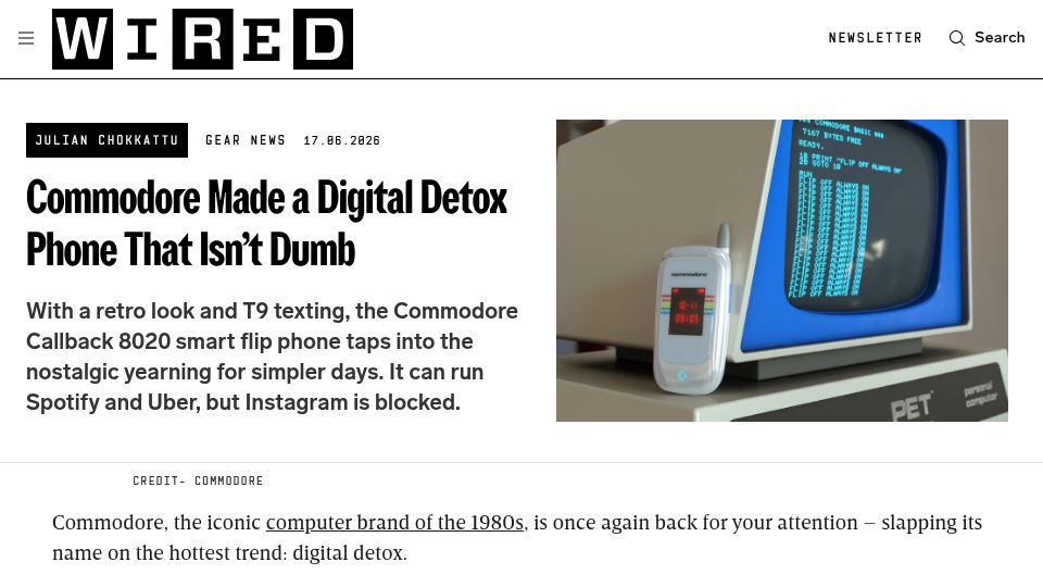 Screenshot of wired.me: The Commodore Callback 8020 smart flip phone