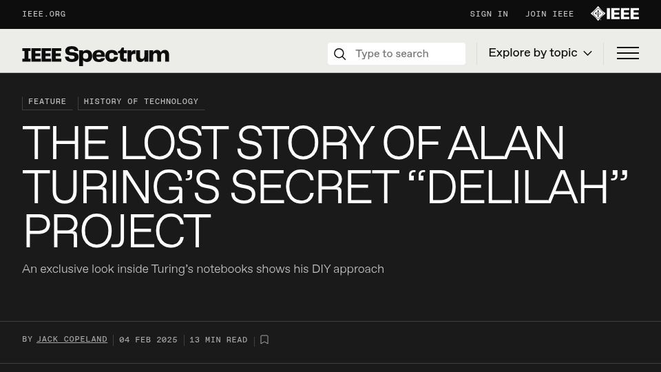 Screenshot of spectrum.ieee.org: The Lost Story of Alan Turing's "Delilah" Project
