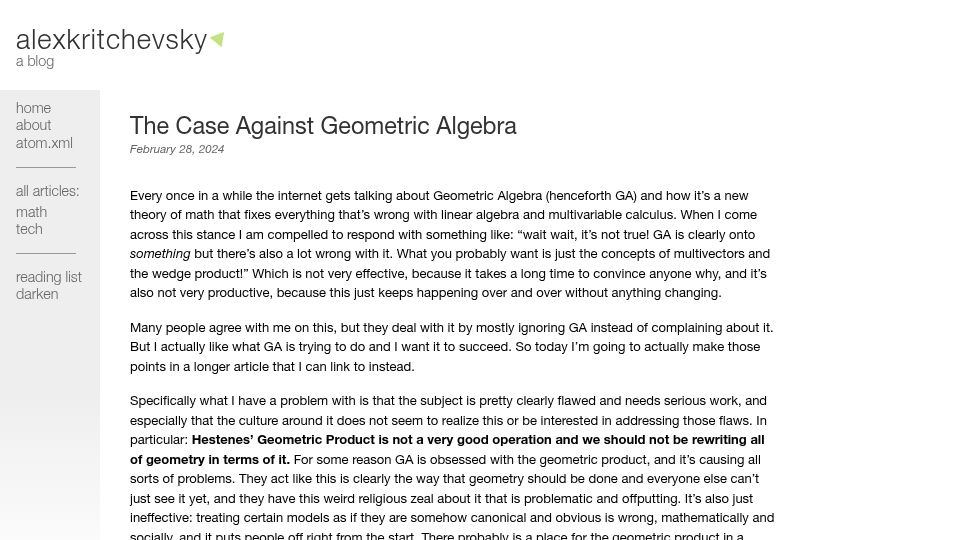 Screenshot of alexkritchevsky.com: The case against geometric algebra (2024)