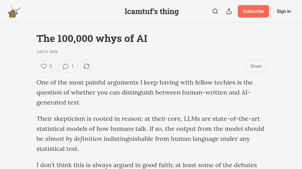 Screenshot of lcamtuf.substack.com: The 100k whys of AI