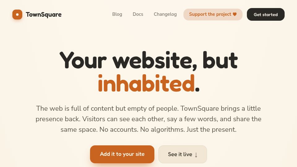 Screenshot of townsquare.cauenapier.com: Show HN: TownSquare, a tiny presence layer for websites