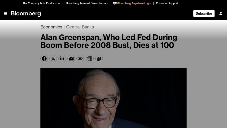 Screenshot of washingtonpost.com: Alan Greenspan has died